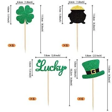 24 Pack St.Patrick's Day Cupcake Toppers Green Glitter Top Hat Lucky Four leaf clover Cupcake Food P...