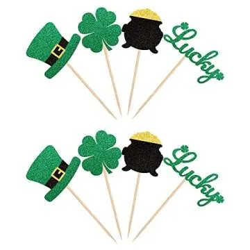 24 Pack St.Patrick's Day Cupcake Toppers Green Glitter Top Hat Lucky Four leaf clover Cupcake Food Picks Irish St Patrick's Day Baby Shower Birthday Party Cake Decorations Supplies