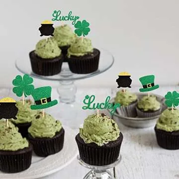 24 Pack St.Patrick's Day Cupcake Toppers Green Glitter Top Hat Lucky Four leaf clover Cupcake Food Picks Irish St Patrick's Day Baby Shower Birthday Party Cake Decorations Supplies