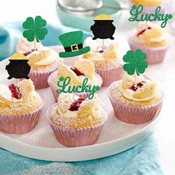 24 Pack St.Patrick's Day Cupcake Toppers Green Glitter Top Hat Lucky Four leaf clover Cupcake Food Picks Irish St Patrick's Day Baby Shower Birthday Party Cake Decorations Supplies