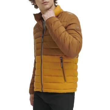 Tommy Hilfiger Men's Ultra Loft Lightweight Packable Puffer Jacket (Standard and Big & Tall), Orange Color Block, Small