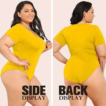 POSESHE Women's Plus Size Bodysuit V neck Short Sleeves Casual Basic Leotard Tops Jumpsuit T-shirts Yellow, 4X-Large