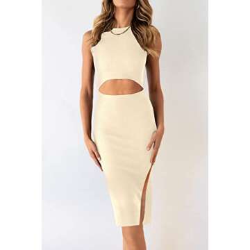 PRETTYGARDEN Women's Summer Midi Bodycon Dresses Casual Crew Neck Side Slit Sleeveless Knit Cut Out ...
