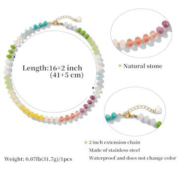Gemstone Beaded Necklace for Women Colorful Natural Stone Freshwater Pearl Surfer Beach Rainbow Neck...