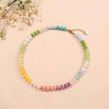 Gemstone Beaded Necklace for Women Colorful Natural Stone Freshwater Pearl Surfer Beach Rainbow Necklace Jewelry Gift