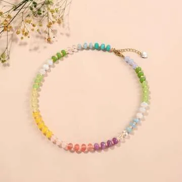 Gemstone Beaded Necklace for Women Colorful Natural Stone Freshwater Pearl Surfer Beach Rainbow Necklace Jewelry Gift