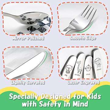 Kids Silverware Set Toddler Utensils 18/8 Stainless Steel 4PCS Fork Spoon and Knife Cutlery Child Flatware for Age 3+