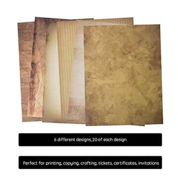 120 Aged Paper - Antique Looking Vintage Papers With Classic Aged Paper Designs - Six Unique Old Looking Paper Designs - Vintage Printing paper, Vintage Writing Paper, 8.5 x 11 inches (Pack of 120)