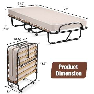 Giantex Folding Bed with Mattress, Rollaway Guest Bed w/ 4 Inch Memory Foam Mattress, Sturdy Metal Frame, Portable Sleeper Bed Cot Size Easy to Store, Foldable Bed for Adults, Made in Italy