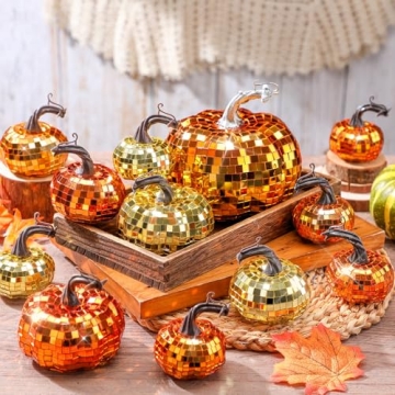 Lenwen 12 Pcs Artificial Disco Pumpkin Glitter Mirror Pumpkin Fall Farmhouse Hanging Ornament Harves...