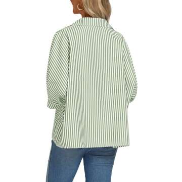 Vrtige Women's Casual Stripe Button Down Collar V Neck Half Sleeve Loose Blouse Shirt Top Green Larg...