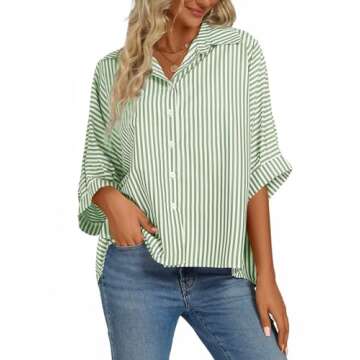 Vrtige Women's Casual Stripe Button Down Collar V Neck Half Sleeve Loose Blouse Shirt Top Green Large