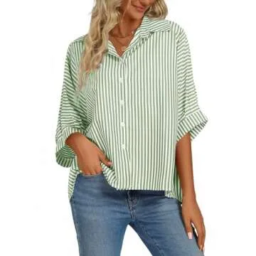 Vrtige Women's Casual Stripe Button Down Collar V Neck Half Sleeve Loose Blouse Shirt Top Green Large
