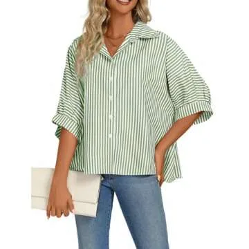 Vrtige Women's Casual Stripe Button Down Collar V Neck Half Sleeve Loose Blouse Shirt Top Green Large