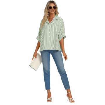 Vrtige Women's Casual Stripe Button Down Collar V Neck Half Sleeve Loose Blouse Shirt Top Green Large