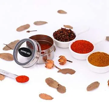 Hanindy 16 Magnetic Spice Tins, 200 Spice Labels, 4 Stainless Steel Measuring Spoons Magnetic Spice Containers Organizer Storage Condiment Jar Set of 16, Clear Lid, Sift and Pour