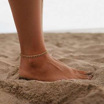 MTMY Gold Anklets for Women 14K Gold Plated Tiny Bead Anklet Green Cubic Zirconia Tassel Foot Chain ...