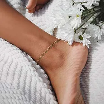 MTMY Gold Anklets for Women 14K Gold Plated Tiny Bead Anklet Green Cubic Zirconia Tassel Foot Chain Dainty Adjustable Cute Anklets Summer Beach Boho Anklets Jewelry Gift for women (nano-green)