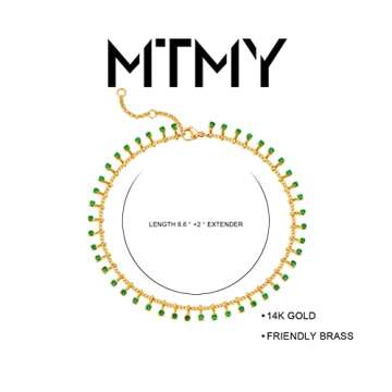 MTMY Gold Anklets for Women 14K Gold Plated Tiny Bead Anklet Green Cubic Zirconia Tassel Foot Chain Dainty Adjustable Cute Anklets Summer Beach Boho Anklets Jewelry Gift for women (nano-green)