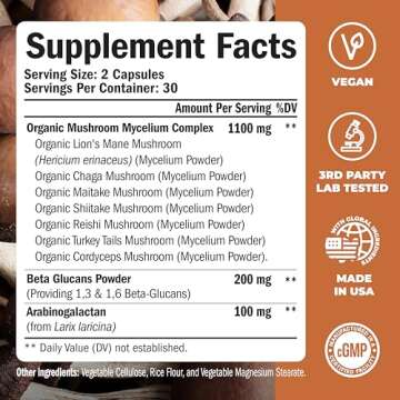 Vimerson Health Mushroom Powder Supplement - Lion’s Mane Powder, Reishi Mushroom, Cordyceps, Chaga & More. Mushroom Complex Capsules for Memory, Focus, Immune Support, Energy