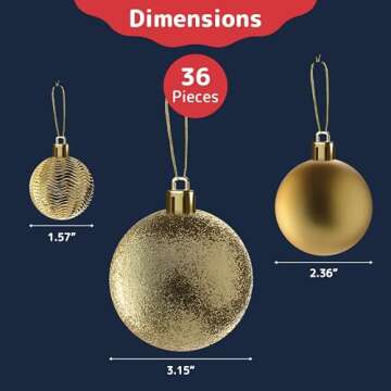 PREXTEX 36-Piece Shatterproof Gold Christmas Ornaments Set