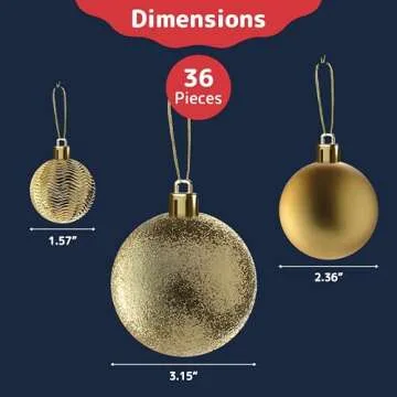 PREXTEX 36-Piece Shatterproof Gold Christmas Ornaments Set