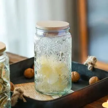ANSQU Vintage Glass Storage Jar, 34 FL OZ Glass Food Storage Containers with Bamboo Lid, Airtight Cookie Jar Candy Jar for Kitchen Counter, Pantry, Coffee, Tea, Sugar (Round, Sunflower)