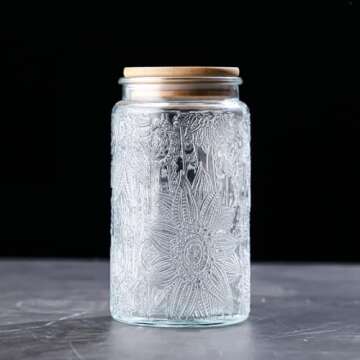 ANSQU Vintage Glass Storage Jar, 34 FL OZ Glass Food Storage Containers with Bamboo Lid, Airtight Cookie Jar Candy Jar for Kitchen Counter, Pantry, Coffee, Tea, Sugar (Round, Sunflower)