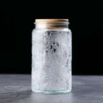 ANSQU Vintage Glass Storage Jar, 34 FL OZ Glass Food Storage Containers with Bamboo Lid, Airtight Cookie Jar Candy Jar for Kitchen Counter, Pantry, Coffee, Tea, Sugar (Round, Sunflower)