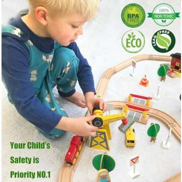 Tiny Land 55PCS Wooden Train Set - Compatible with Major Brand Tracks, Educational Toy for Toddlers & Kids Ages 3-7, Durable Wooden Railway Tracks