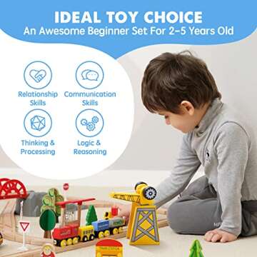 Tiny Land 55PCS Wooden Train Set - Compatible with Major Brand Tracks, Educational Toy for Toddlers & Kids Ages 3-7, Durable Wooden Railway Tracks