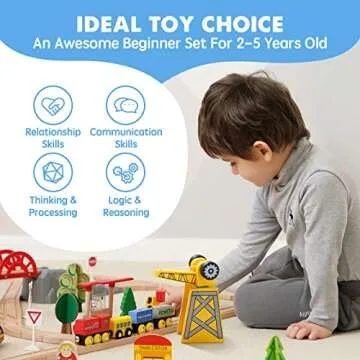 Tiny Land 55PCS Wooden Train Set - Compatible with Major Brand Tracks, Educational Toy for Toddlers & Kids Ages 3-7, Durable Wooden Railway Tracks