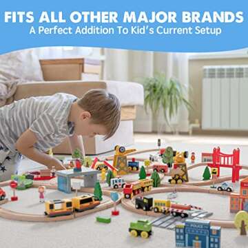 Tiny Land 55PCS Wooden Train Set - Compatible with Major Brand Tracks, Educational Toy for Toddlers & Kids Ages 3-7, Durable Wooden Railway Tracks
