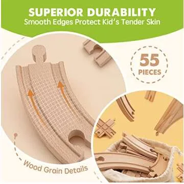 Tiny Land 55PCS Wooden Train Set - Compatible with Major Brand Tracks, Educational Toy for Toddlers & Kids Ages 3-7, Durable Wooden Railway Tracks