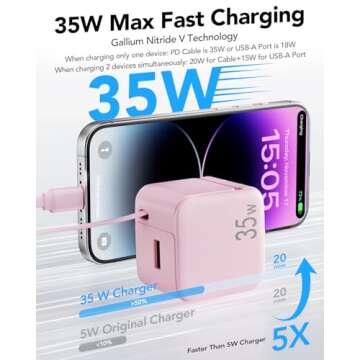 Retractable Wall Charger,35W PD Fast USB Charger Block with Retractable Lightening Cables for iPhone,Portable Charger Adapter with Foldable Plug for iPhone14/13/12,iPad,Air-Pods(Pink)
