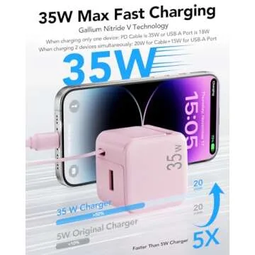 Retractable Wall Charger,35W PD Fast USB Charger Block with Retractable Lightening Cables for iPhone,Portable Charger Adapter with Foldable Plug for iPhone14/13/12,iPad,Air-Pods(Pink)