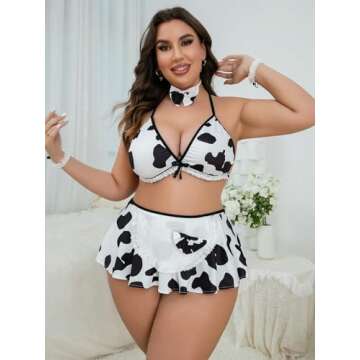WDIRARA Women's Plus Size Cow Print Maid Costume Lace Trim Bralette and Skirt Lingerie Set with Chok...