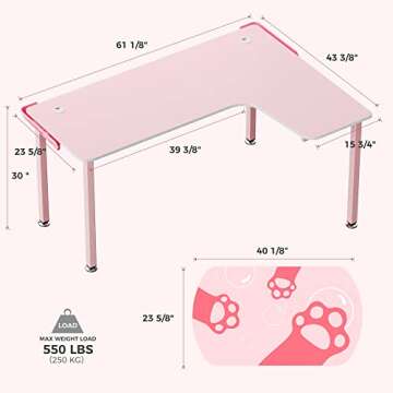 EUREKA ERGONOMIC Gaming Desk Pink,60 Inch Pink L Shaped Gaming Desk, Gaming Table Pink with Free Mouse Pad for Girls Home Office Wood & Metal Space-Saving,Easy to Assemble,Computer Desk Pink