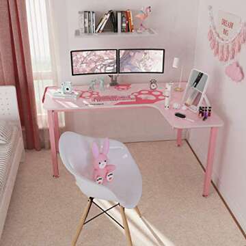 EUREKA ERGONOMIC Gaming Desk Pink,60 Inch Pink L Shaped Gaming Desk, Gaming Table Pink with Free Mouse Pad for Girls Home Office Wood & Metal Space-Saving,Easy to Assemble,Computer Desk Pink