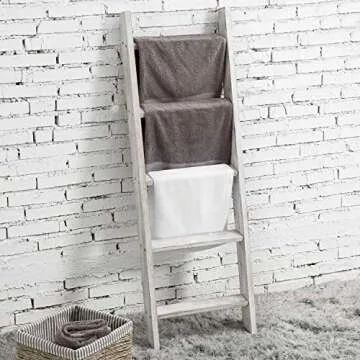 MyGift Large Whitewashed Wood Ladder Blanket Ladder, Farmhouse Style Wall Leaning Towel Rack with 5 ...