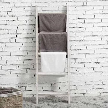 MyGift Whitewashed Wood Ladder Blanket Holder