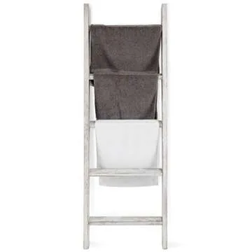 MyGift Whitewashed Wood Ladder Blanket Holder