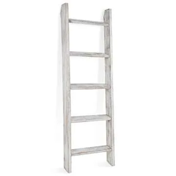 MyGift Whitewashed Wood Ladder Blanket Holder