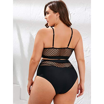 Floerns Plus Size Fishnet High Waist Bikini Set for Women