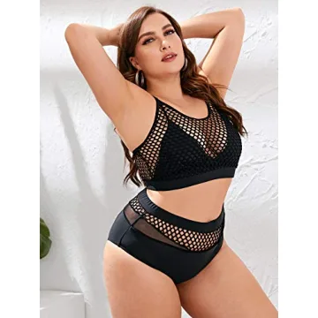 Floerns Plus Size Fishnet High Waist Bikini Set for Women