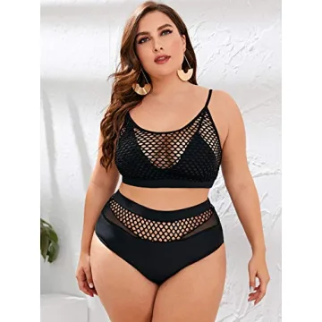 Floerns Plus Size Fishnet High Waist Bikini Set for Women