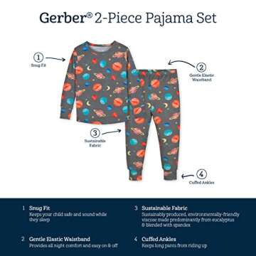 Gerber Unisex Baby Toddler Buttery Soft 2-Piece Snug Fit Pajamas with Viscose Made from Eucalyptus, Space, 2T