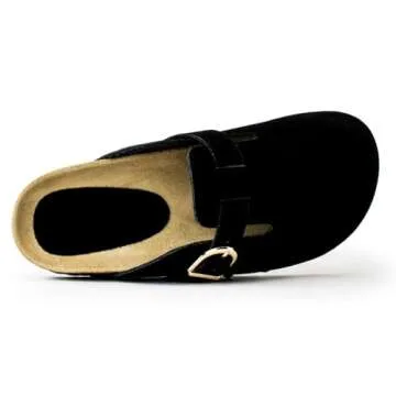 RF ROOM OF FASHION Women's Soft Faux Suede Footbed Cork Clog Antislip Slippers Buckle Mules House Sandals Potato Shoes (BLACK, Size 7)