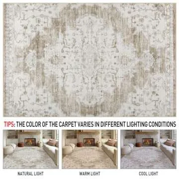 Area Rugs 9x12 Living Room: Lagre Vintage Living Room Rug with Non-Slip Backing Low Pile Rugs Soft Indoor Floor Thin Carpet Non Shedding Neutral Carpets for Bedroom Dining Room Farmhouse Nursery Beige