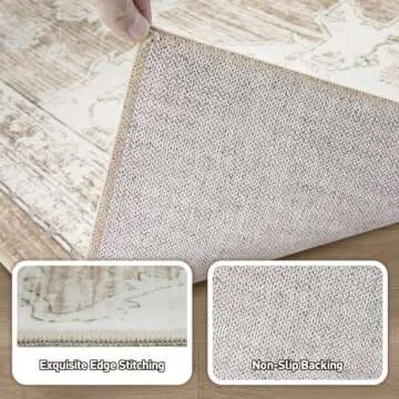 Area Rugs 9x12 Living Room: Lagre Vintage Living Room Rug with Non-Slip Backing Low Pile Rugs Soft Indoor Floor Thin Carpet Non Shedding Neutral Carpets for Bedroom Dining Room Farmhouse Nursery Beige